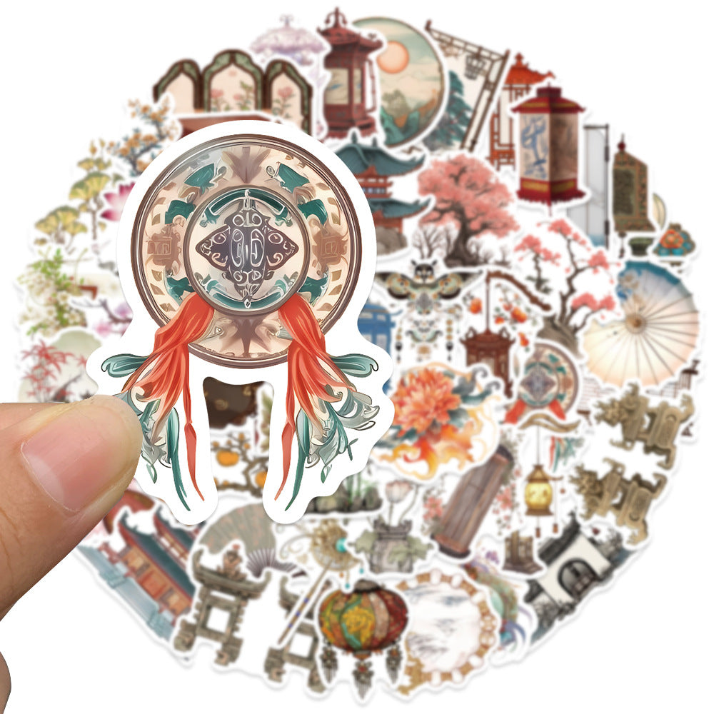 50 Sheets of Ancient Style Small Object Hand Account Stickers, Chinese Style Lantern, Elegant Bamboo Screen, National Trend Diary Materials, Mobile Phone Case Stickers