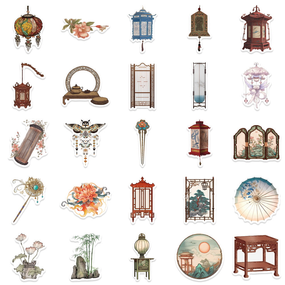 50 Sheets of Ancient Style Small Object Hand Account Stickers, Chinese Style Lantern, Elegant Bamboo Screen, National Trend Diary Materials, Mobile Phone Case Stickers