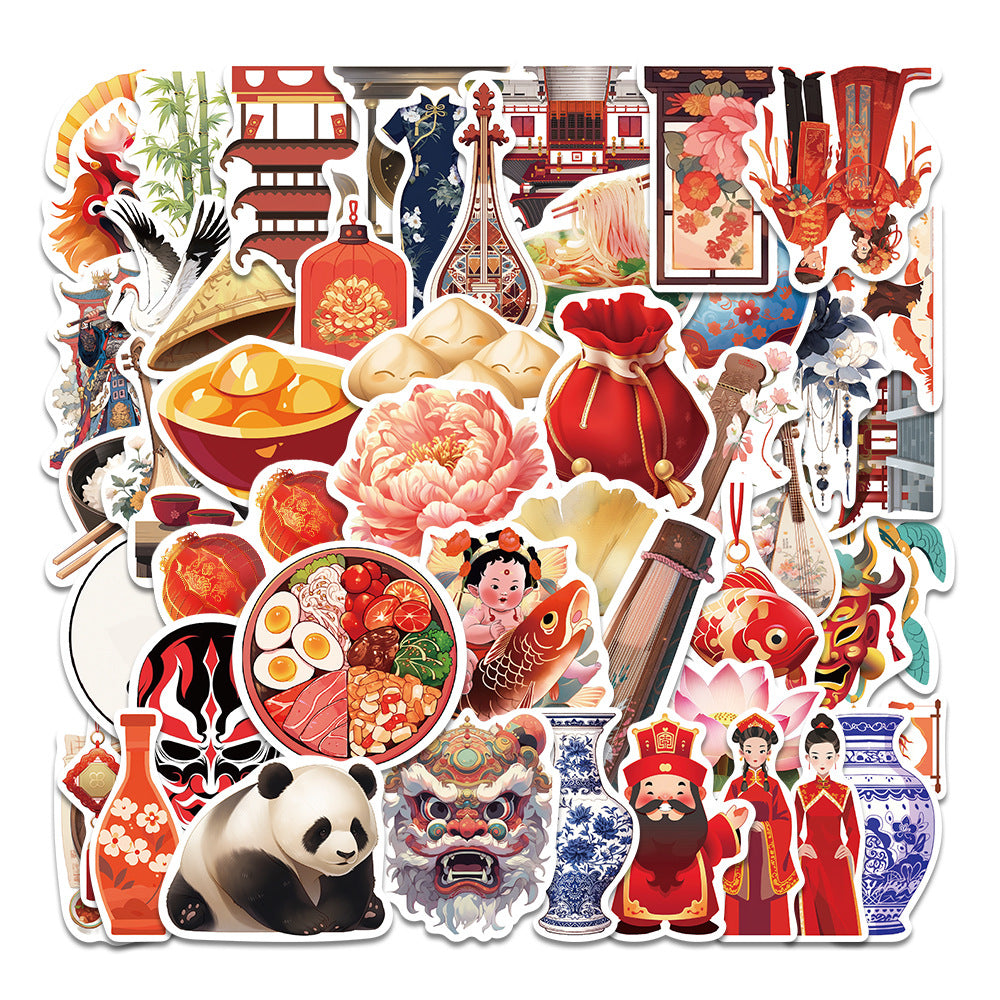 50 Sheets of Ancient Style Small Object Hand Account Stickers, Chinese Style Lantern, Elegant Bamboo Screen, National Trend Diary Materials, Mobile Phone Case Stickers