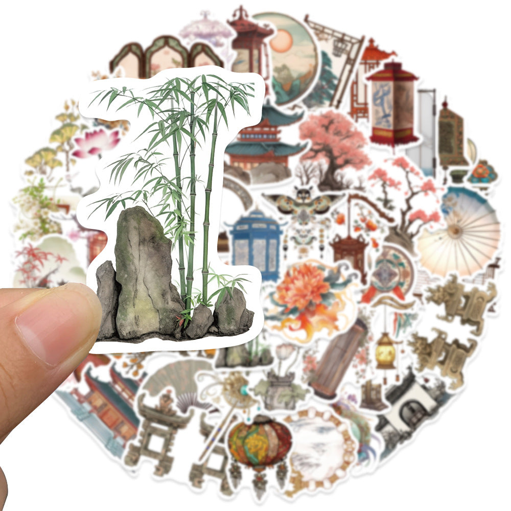 50 Sheets of Ancient Style Small Object Hand Account Stickers, Chinese Style Lantern, Elegant Bamboo Screen, National Trend Diary Materials, Mobile Phone Case Stickers