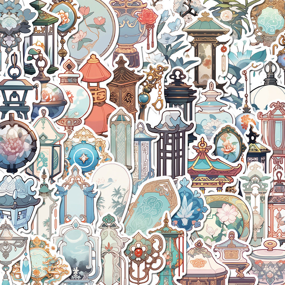 50 Sheets of Ancient Style Small Object Hand Account Stickers, Chinese Style Lantern, Elegant Bamboo Screen, National Trend Diary Materials, Mobile Phone Case Stickers