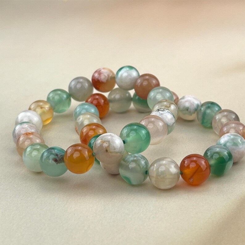 【Bracelet】Bracelets en cristal d'agate fleur colorée 6/8/10 mm, bracelets en pierres précieuses extensibles, artisanat en cristal de guérison fait à la main