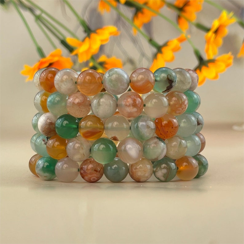 【Bracelet】Bracelets en cristal d'agate fleur colorée 6/8/10 mm, bracelets en pierres précieuses extensibles, artisanat en cristal de guérison fait à la main