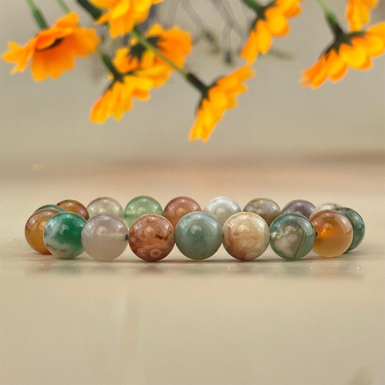 【Bracelet】Bracelets en cristal d'agate fleur colorée 6/8/10 mm, bracelets en pierres précieuses extensibles, artisanat en cristal de guérison fait à la main