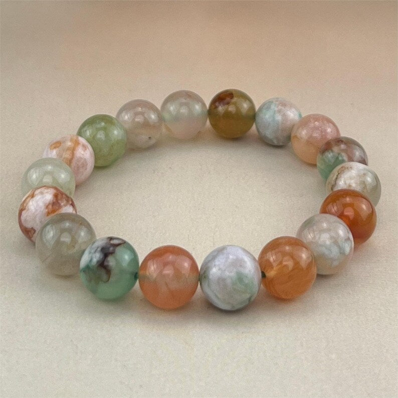 【Bracelet】Bracelets en cristal d'agate fleur colorée 6/8/10 mm, bracelets en pierres précieuses extensibles, artisanat en cristal de guérison fait à la main