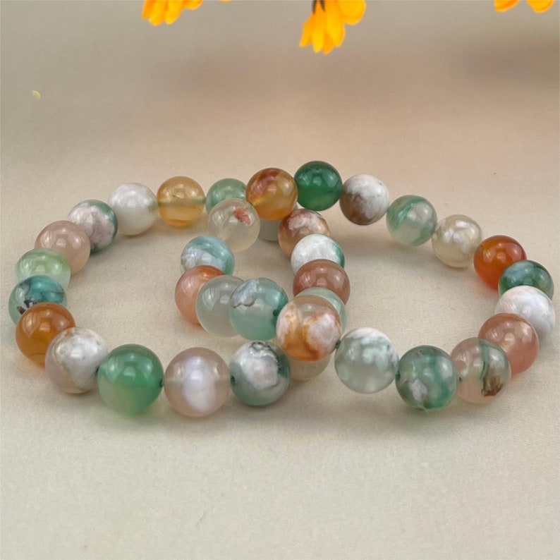 【Bracelet】Bracelets en cristal d'agate fleur colorée 6/8/10 mm, bracelets en pierres précieuses extensibles, artisanat en cristal de guérison fait à la main