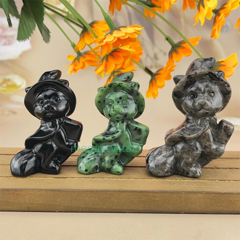 Natural Crystal Halloween Witch Cat Carved Healing Crystal Crafts