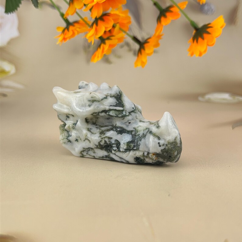 Sculpture en cristal de guérison en agate mousse naturelle, tête de dragon