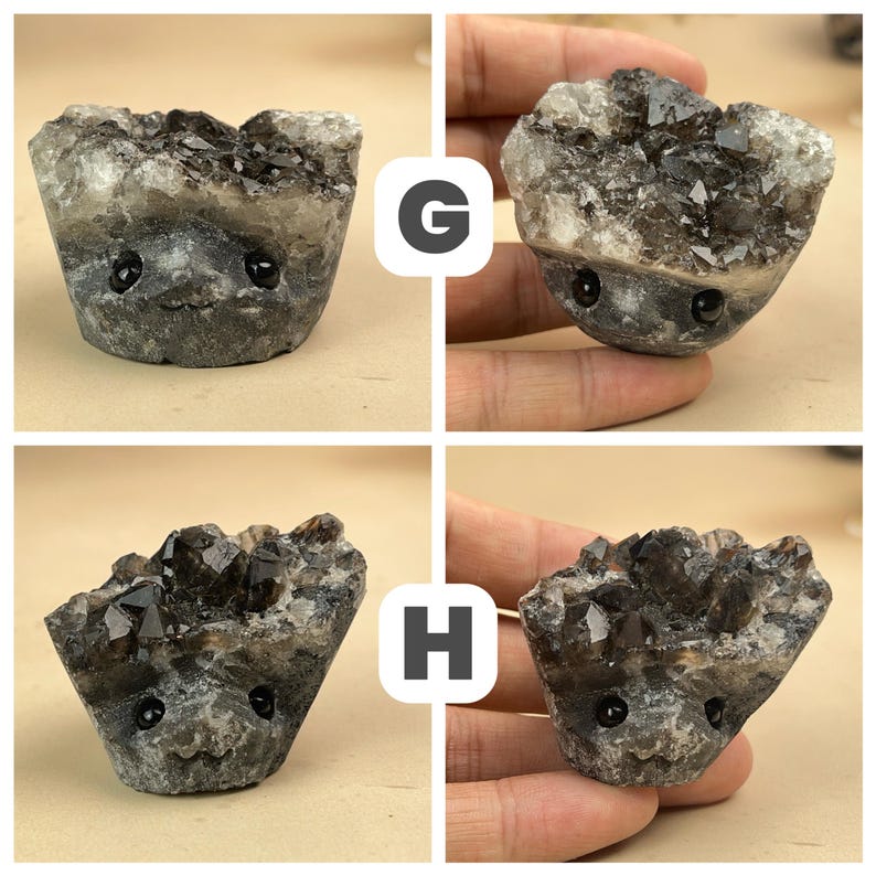 Amas de quartz noir naturel, sculpture en cristal de guérison avec visage, hérissons