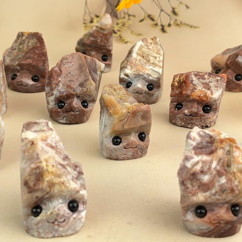 Natural Mexican Agate Buddies Hedgehogs Healing Crystal Carving With Face