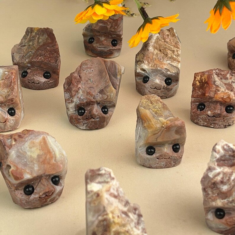 Natural Mexican Agate Buddies Hedgehogs Healing Crystal Carving With Face
