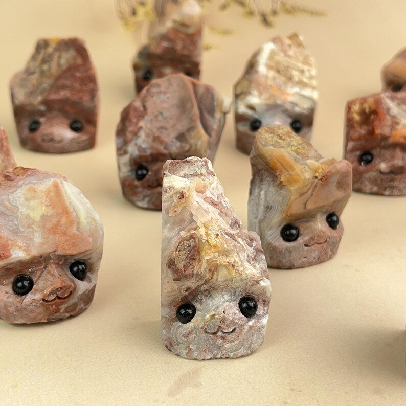 Natural Mexican Agate Buddies Hedgehogs Healing Crystal Carving With Face