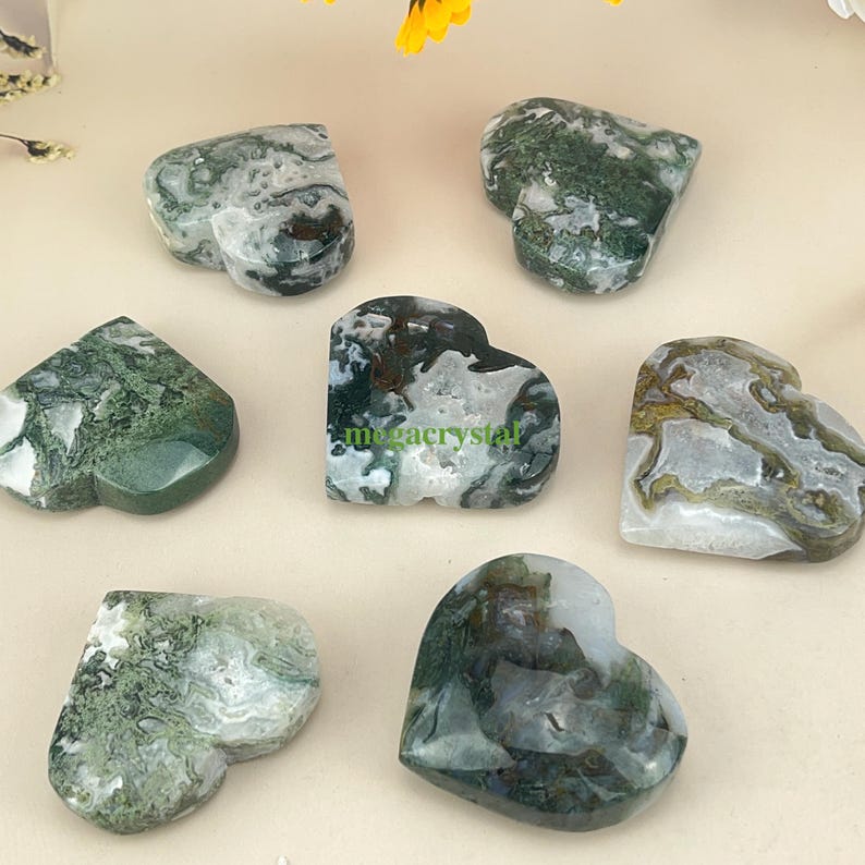 Moss Agate Hearts Carved Healing Crystal Crafts Gemstone Carvings Gemstone