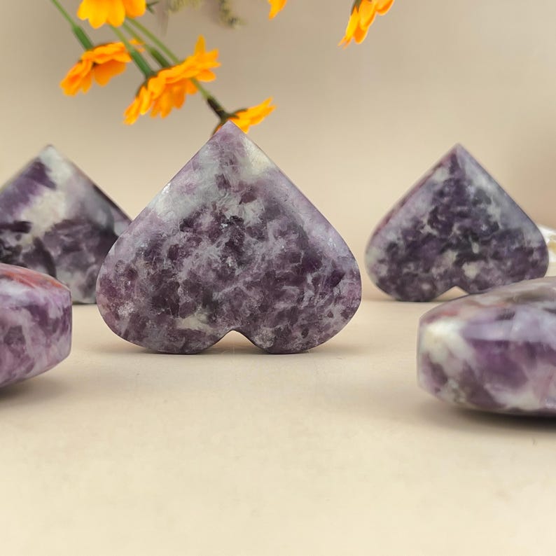 Lepidolite Hearts Carved Healing Crystal Crafts Gemstone Carvings Gemstone
