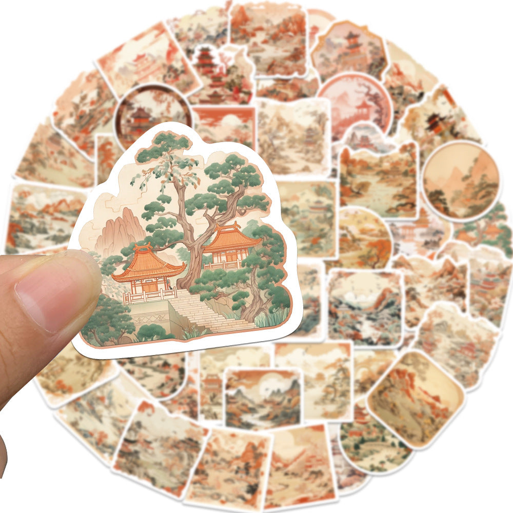 50 Sheets of Ancient Style Landscape Painting Stickers, National Trend Waterproof Stickers for Decorating Mobile Phone Cases, Computers, DIY Hand Account Materials Wholesale