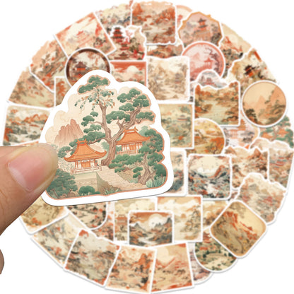 50 Sheets of Ancient Style Landscape Painting Stickers, National Trend Waterproof Stickers for Decorating Mobile Phone Cases, Computers, DIY Hand Account Materials Wholesale