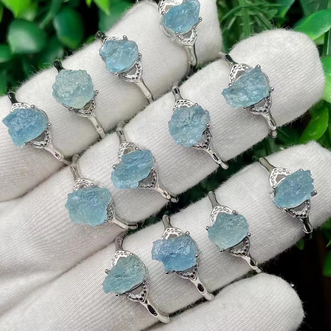 【Ring】Natural Aquamarine Raw Stone Rings - Fresh & Elegant, Intense Fluorescence, Irregular - shaped Gem Inlays