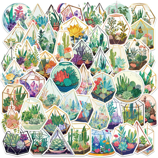 50 Sheets of Creative Glass Greenhouse Ins Style Stickers, Plant and Flower Crystal Stickers for Cross-border Water Cups, Notebooks and Computers