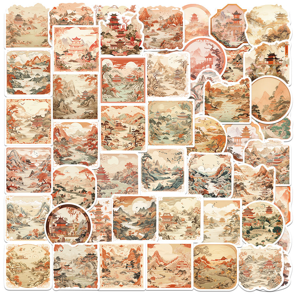 50 Sheets of Ancient Style Landscape Painting Stickers, National Trend Waterproof Stickers for Decorating Mobile Phone Cases, Computers, DIY Hand Account Materials Wholesale