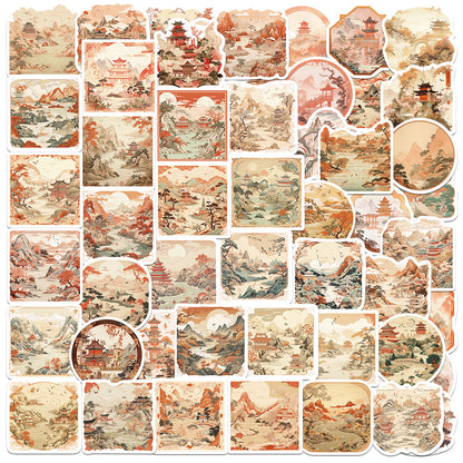 50 Sheets of Ancient Style Landscape Painting Stickers, National Trend Waterproof Stickers for Decorating Mobile Phone Cases, Computers, DIY Hand Account Materials Wholesale