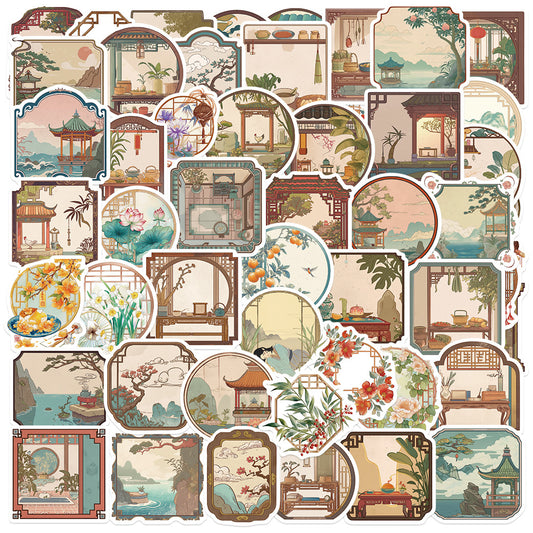 50 Sheets of Ancient Style Scenic Flower Window Stickers, Vintage Wood Grain Window Stickers for Suitcases, Notebooks, Water Cups and Hand Account Decoration