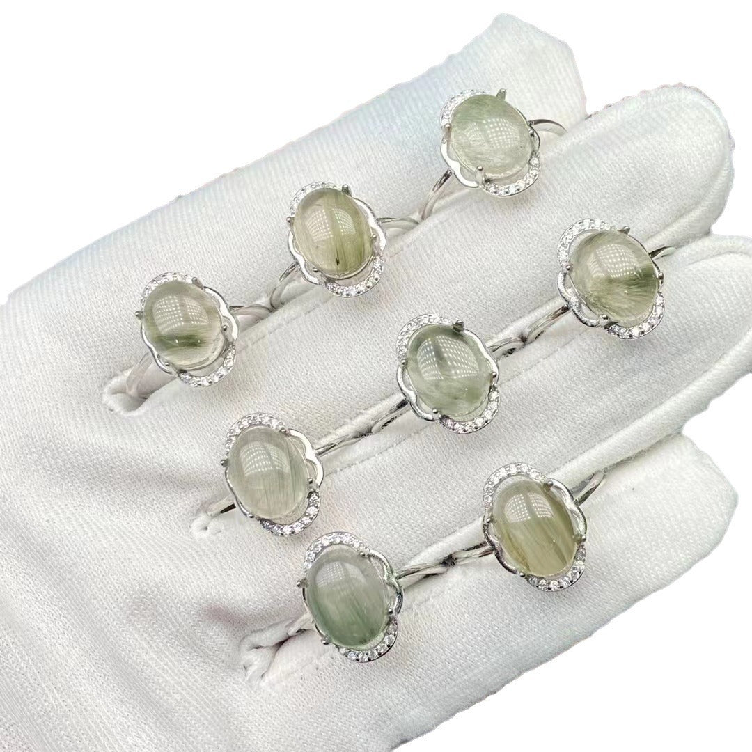 【Ring】Natural Green Rutilated Quartz Ring - Simple and Elegant Women's Jewelry, Set with Gemstones in White Copper Plated with Silver