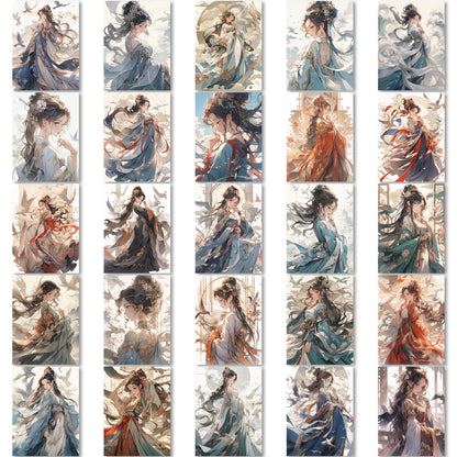 50 Sheets of Ancient Style Nishang Yuyi Stickers, National Trend Classical Stickers of Fairylike Beauties for Hand Account, Suitcases and Notebooks