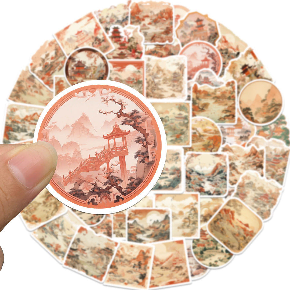 50 Sheets of Ancient Style Landscape Painting Stickers, National Trend Waterproof Stickers for Decorating Mobile Phone Cases, Computers, DIY Hand Account Materials Wholesale