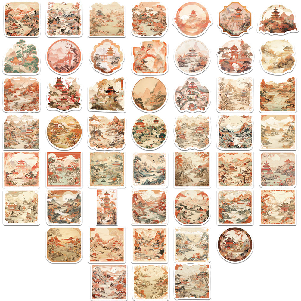 50 Sheets of Ancient Style Landscape Painting Stickers, National Trend Waterproof Stickers for Decorating Mobile Phone Cases, Computers, DIY Hand Account Materials Wholesale