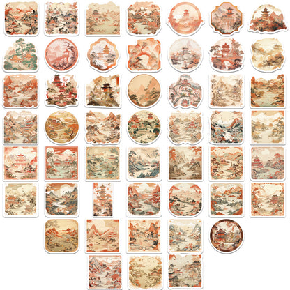 50 Sheets of Ancient Style Landscape Painting Stickers, National Trend Waterproof Stickers for Decorating Mobile Phone Cases, Computers, DIY Hand Account Materials Wholesale