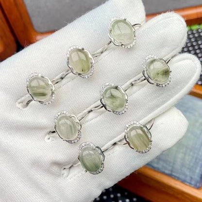 【Ring】Natural Green Rutilated Quartz Ring - Simple and Elegant Women's Jewelry, Set with Gemstones in White Copper Plated with Silver