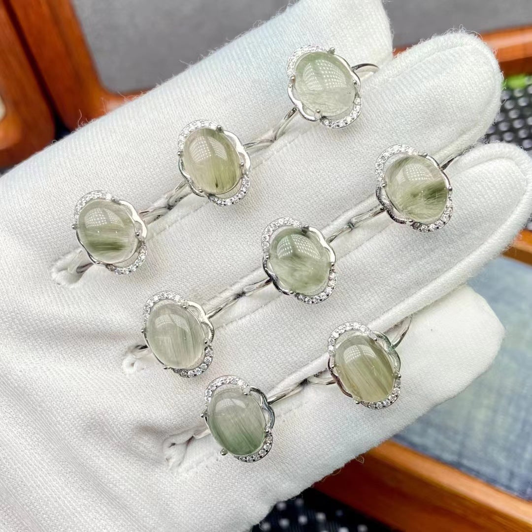 【Ring】Natural Green Rutilated Quartz Ring - Simple and Elegant Women's Jewelry, Set with Gemstones in White Copper Plated with Silver