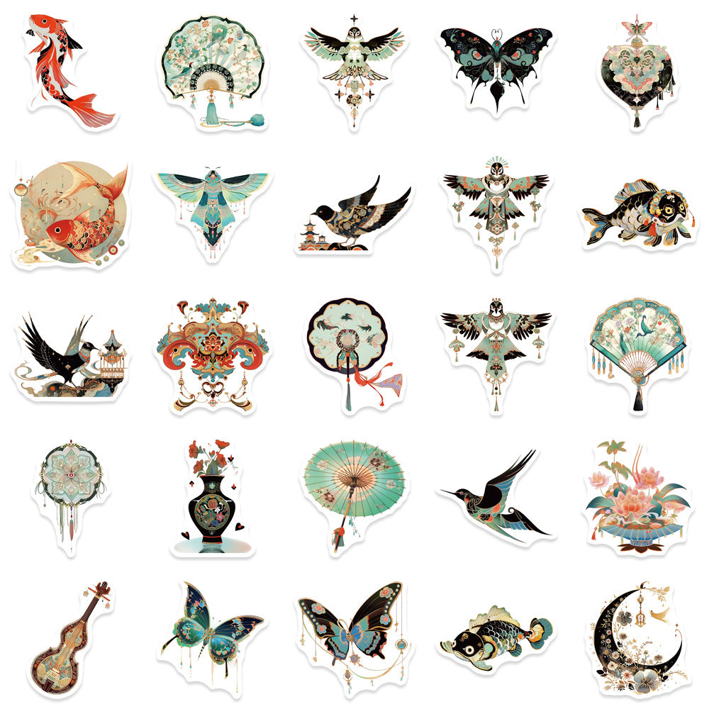 50 Sheets of National Style Paper Kite Hand Account Stickers, Exquisite Ancient Style Materials of Butterflies and Dragonflies, Stickers for Suitcases, Notebooks and Mobile Phones