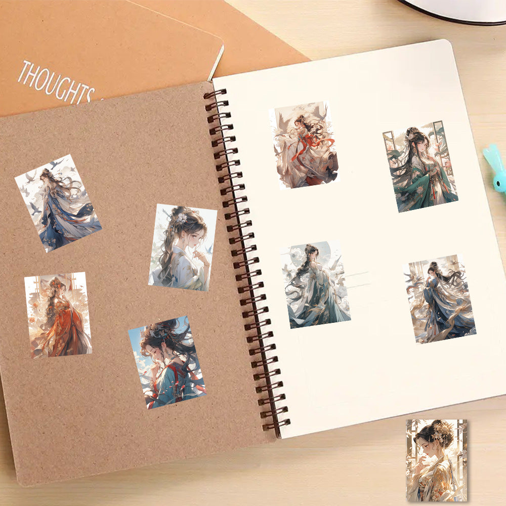 50 Sheets of Ancient Style Nishang Yuyi Stickers, National Trend Classical Stickers of Fairylike Beauties for Hand Account, Suitcases and Notebooks