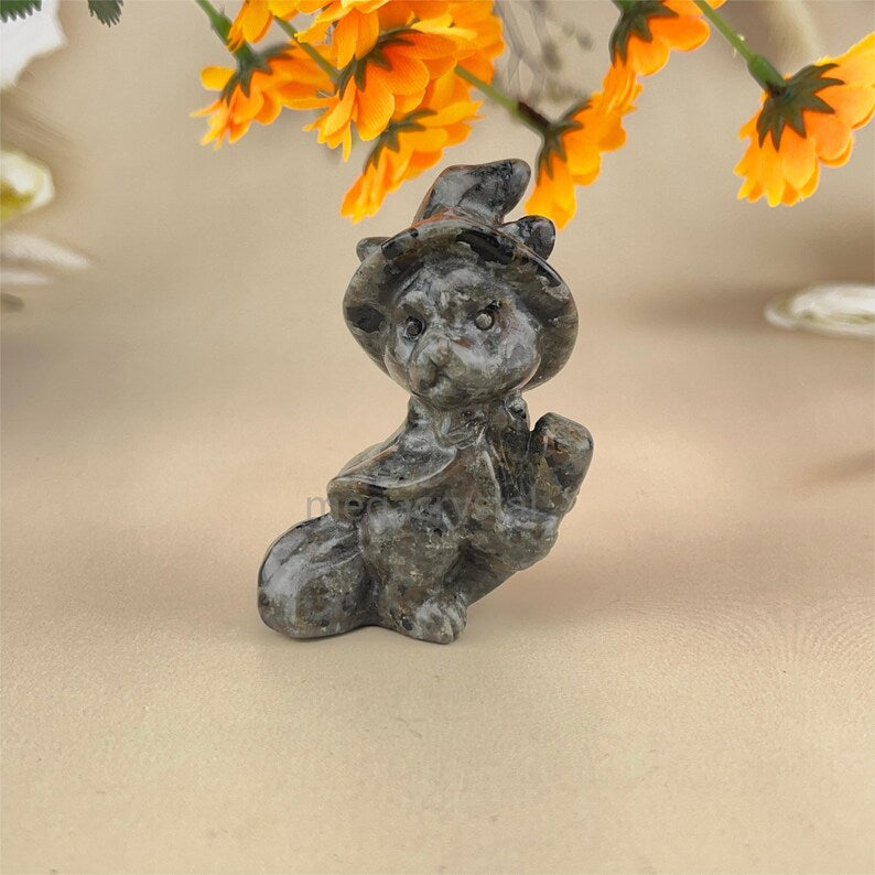 Natural Crystal Halloween Witch Cat Carved Healing Crystal Crafts