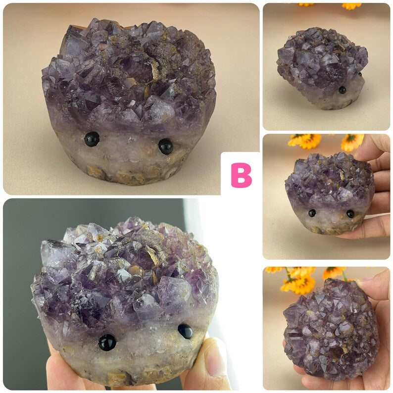 Big Amethyst Cluster Buddies Hedgehogs Healing Crystal Carving With Face