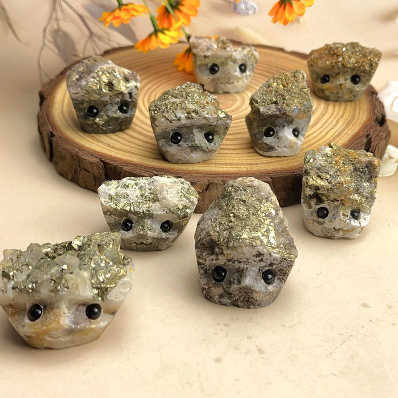 Natural Pyrite Crystal Buddies Hedgehogs Healing Crystal Carving With Face