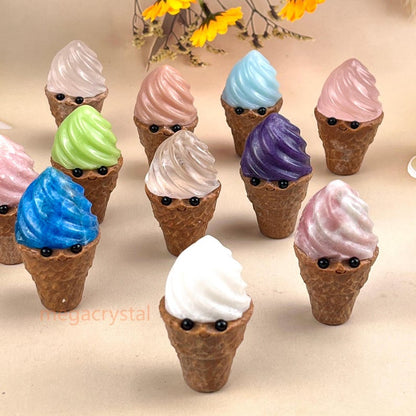 1pcs Crystal Ice Cream Cone Buddies Hedgehogs Healing Crystal Carving With Face Crystal Pet