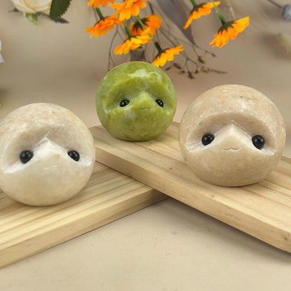 Natural Green Jade And Sunstone Sphere Buddies Hedgehogs Healing Crystal Carving With Face Crystal Pet