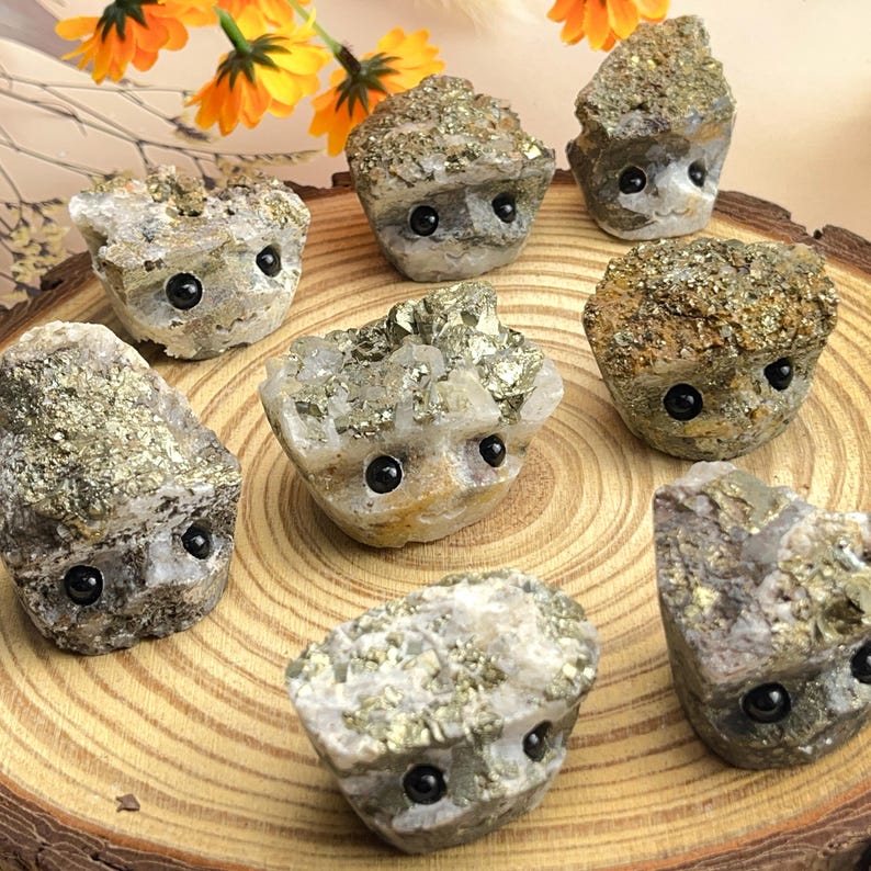 Natural Pyrite Crystal Buddies Hedgehogs Healing Crystal Carving With Face