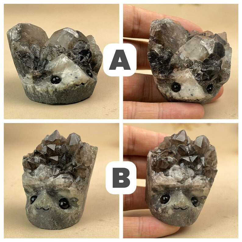 Natural Black Quartz Cluster Buddies Hedgehogs Healing Crystal Carving With Face