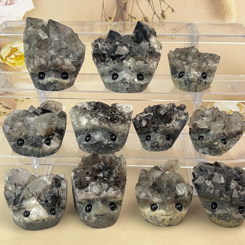 Natural Black Quartz Cluster Buddies Hedgehogs Healing Crystal Carving With Face