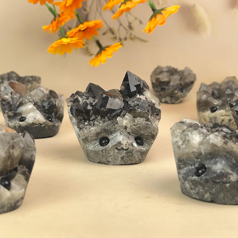 Natural Black Quartz Cluster Buddies Hedgehogs Healing Crystal Carving With Face