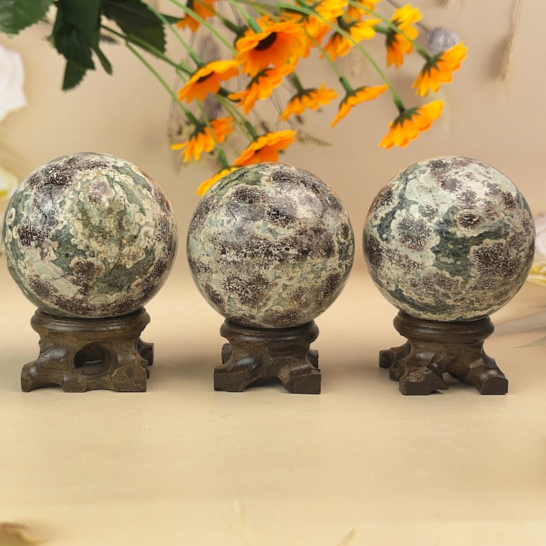 1Pcs Natural Green Sakura Jasper Spheres Healing Crystal Crafts Crystal Spheres