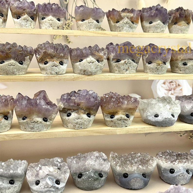 Natural Amethyst Crystal Buddies Hedgehogs Healing Crystal Carving With Face