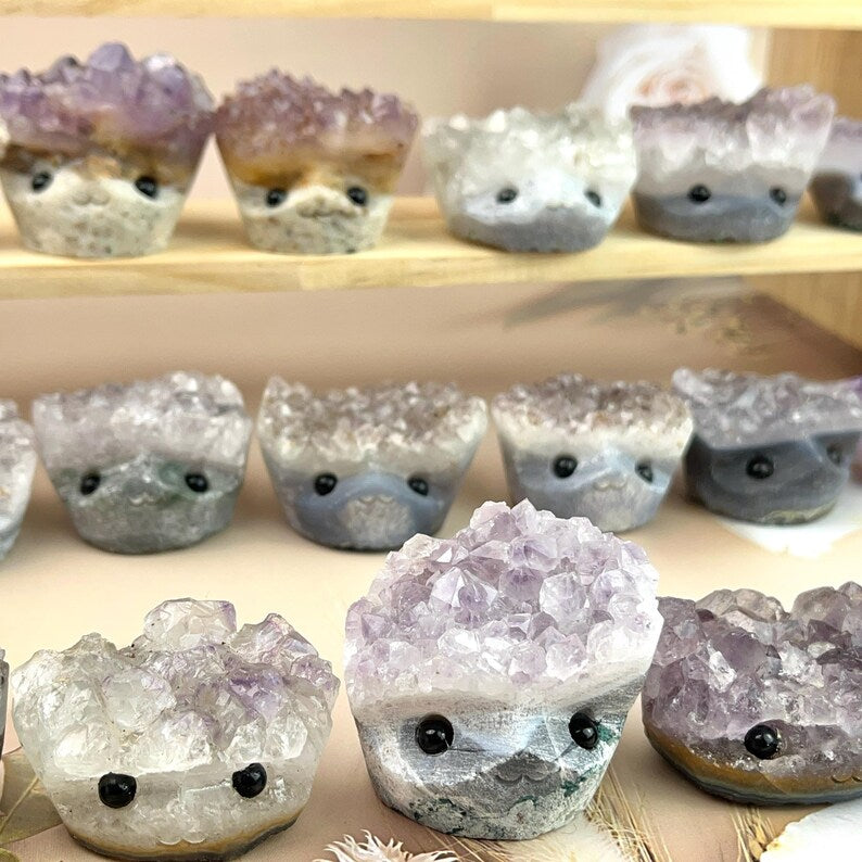 Natural Amethyst Crystal Buddies Hedgehogs Healing Crystal Carving With Face