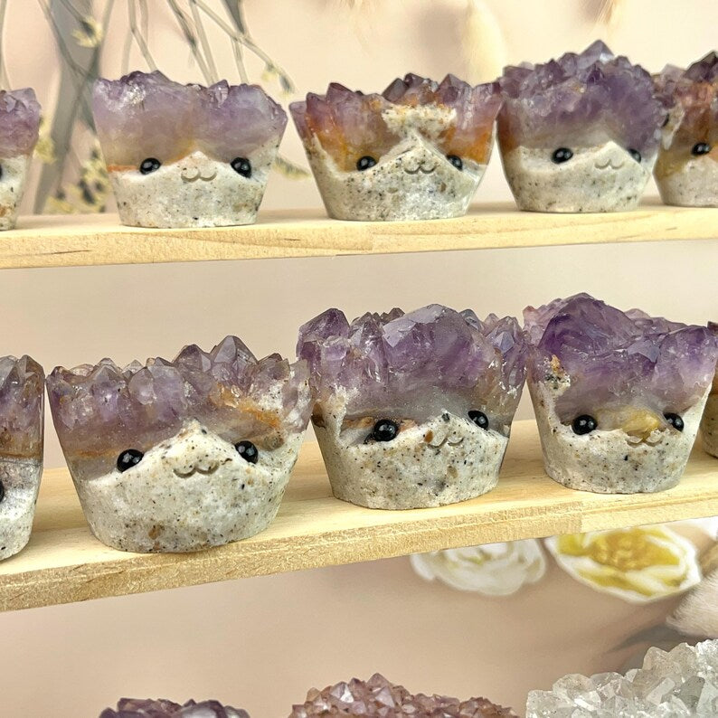 Natural Amethyst Crystal Buddies Hedgehogs Healing Crystal Carving With Face