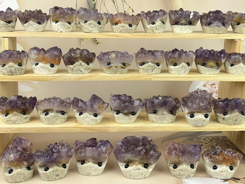 Natural Amethyst Crystal Buddies Hedgehogs Healing Crystal Carving With Face