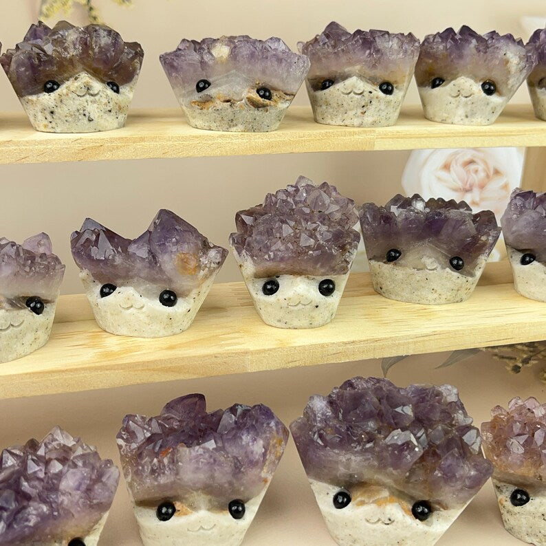 Natural Amethyst Crystal Buddies Hedgehogs Healing Crystal Carving With Face