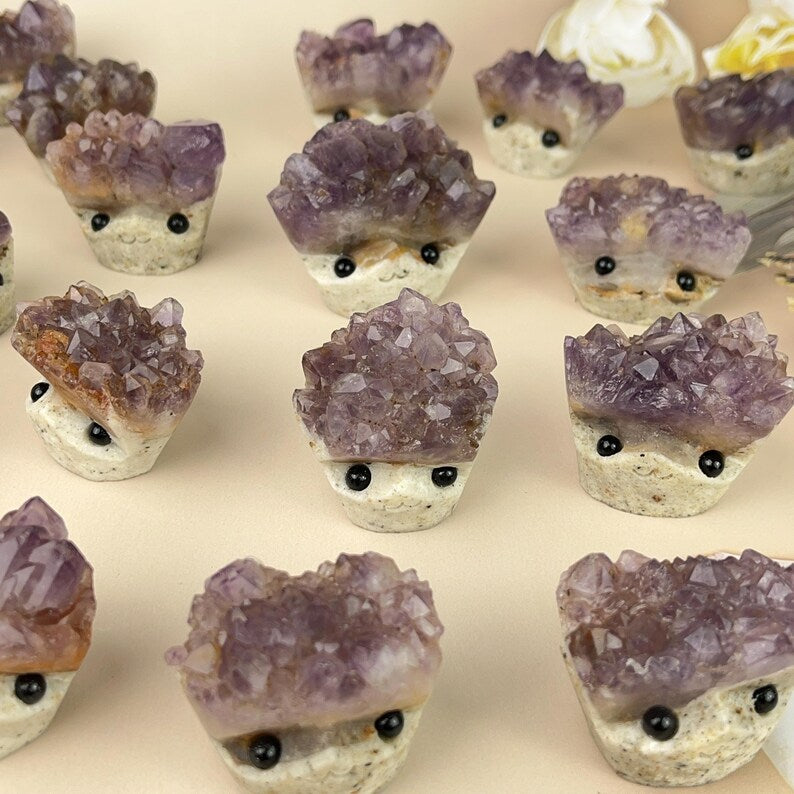 Natural Amethyst Crystal Buddies Hedgehogs Healing Crystal Carving With Face